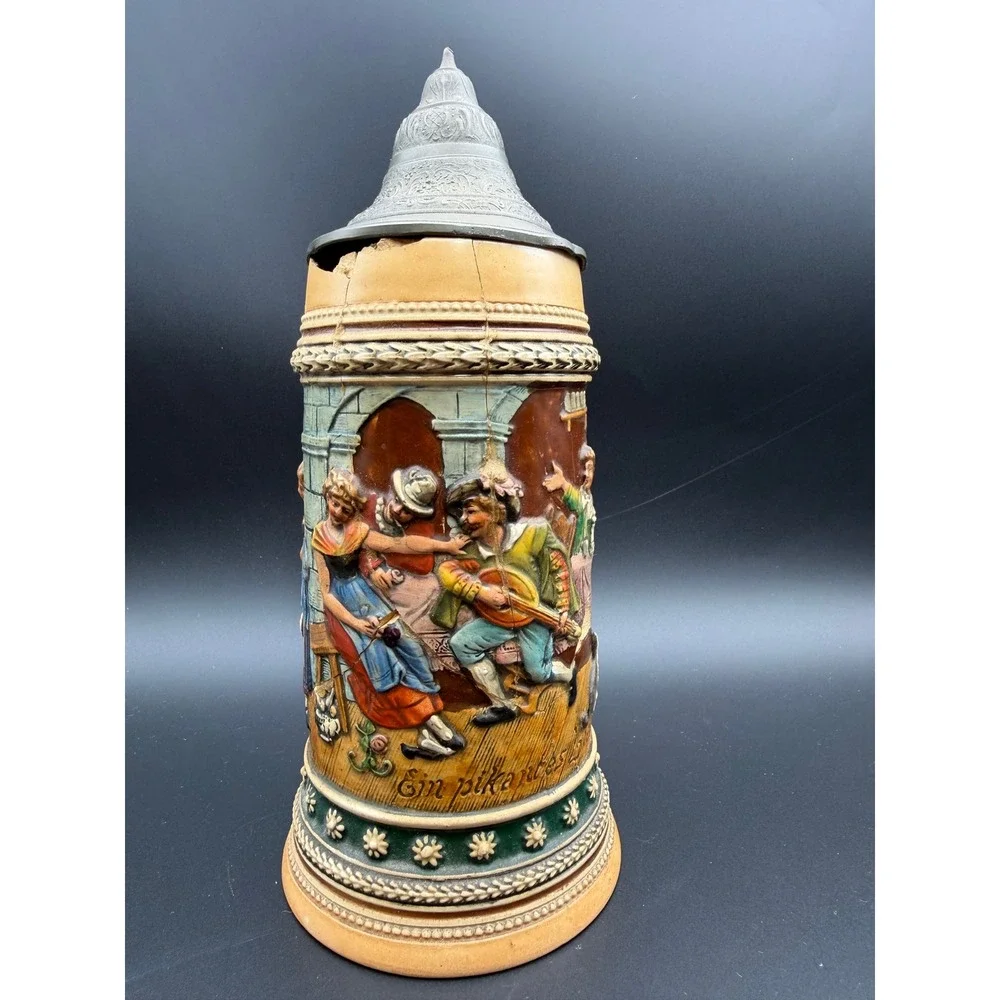 Antique German Beer Stein 0.5L Relief Scene Pewter Lid‎ Stoneware 531